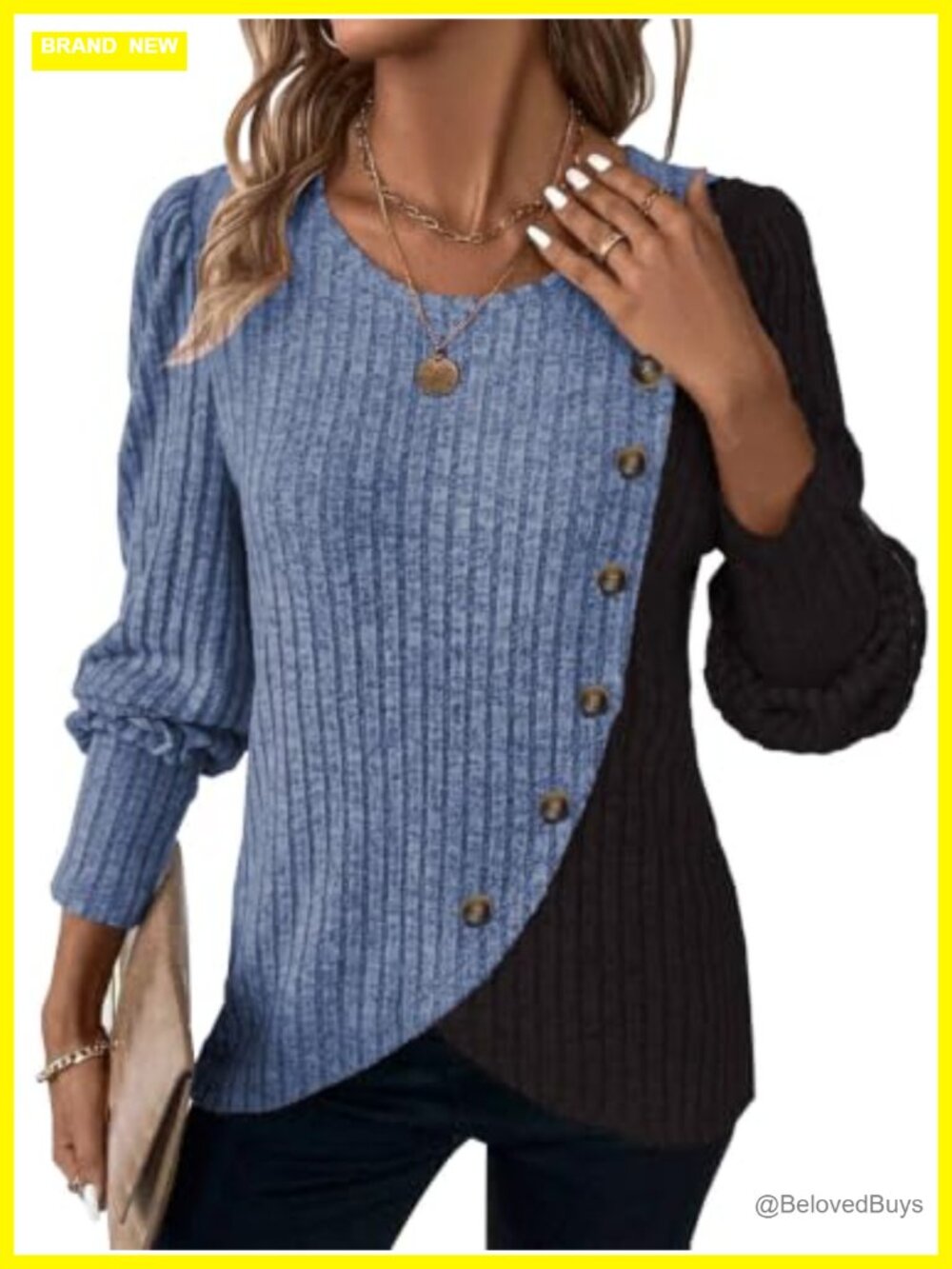 Womens Ribbed Knit Colorblock Button Pullover Sweater Long Sleeve 2026
